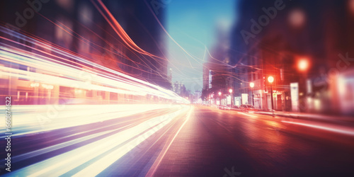Abstract blurred night street lights background. Defocused image of a city street at night. 