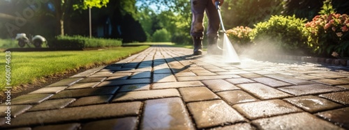 Power Washing Garden Cobble Stone Paths. Outdoor Cleaning Using Pressure Washer. Closeup Photo. photo