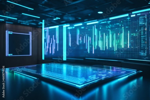 A futuristic holographic display in an office meeting room, showcasing interactive data.