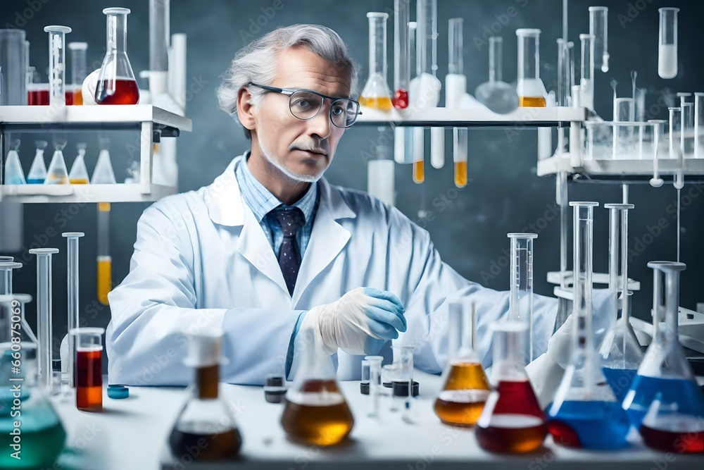 A scientist in a lab coat analyzing chemical reactions in test tubes. A scientist in a lab coat analyzing chemical reactions in test tubes.
