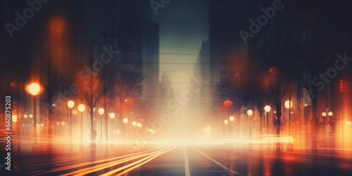 Abstract blurred night street lights background. Defocused image of a city street at night. 