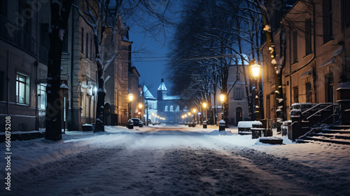 A city street covered with snow at night