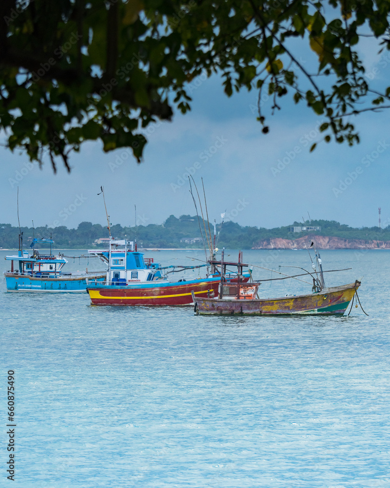 Fishing boats docking at Weligama Bay, Sri Lanka