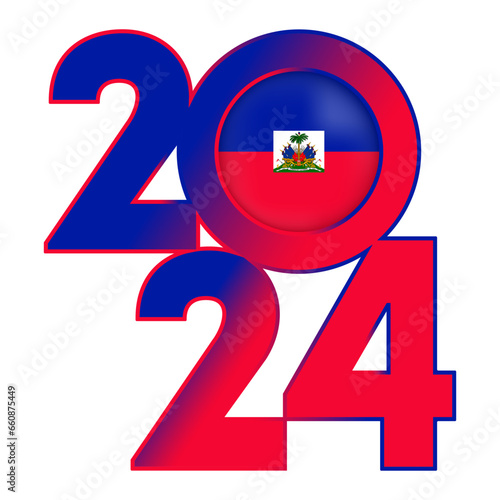 Happy New Year 2024 banner with Haiti flag inside. Vector illustration.