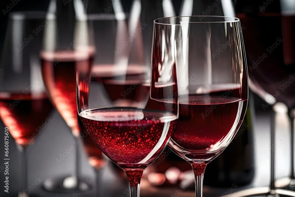 A close-up of a sparkling clean wine glass filled with red wine.