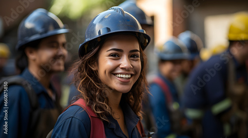 Smiling female construction worker in blue hardhat with crew in the background. Blue collar trades