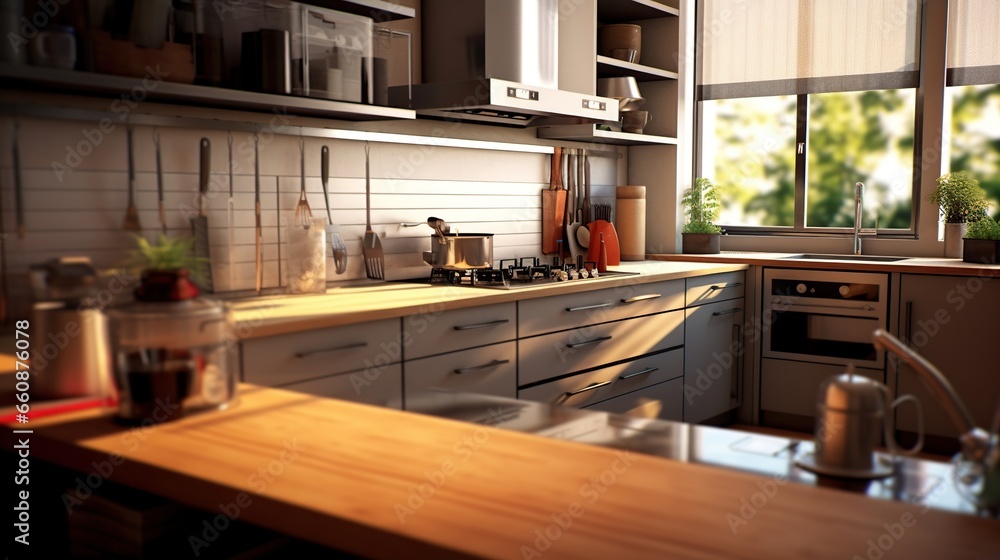 Modern kitchen with counter, minimalist interior with sunlight in daytime. Full set of kitchen equipment, pan, pot, electric hob, flipper, - obrazy, fototapety, plakaty 