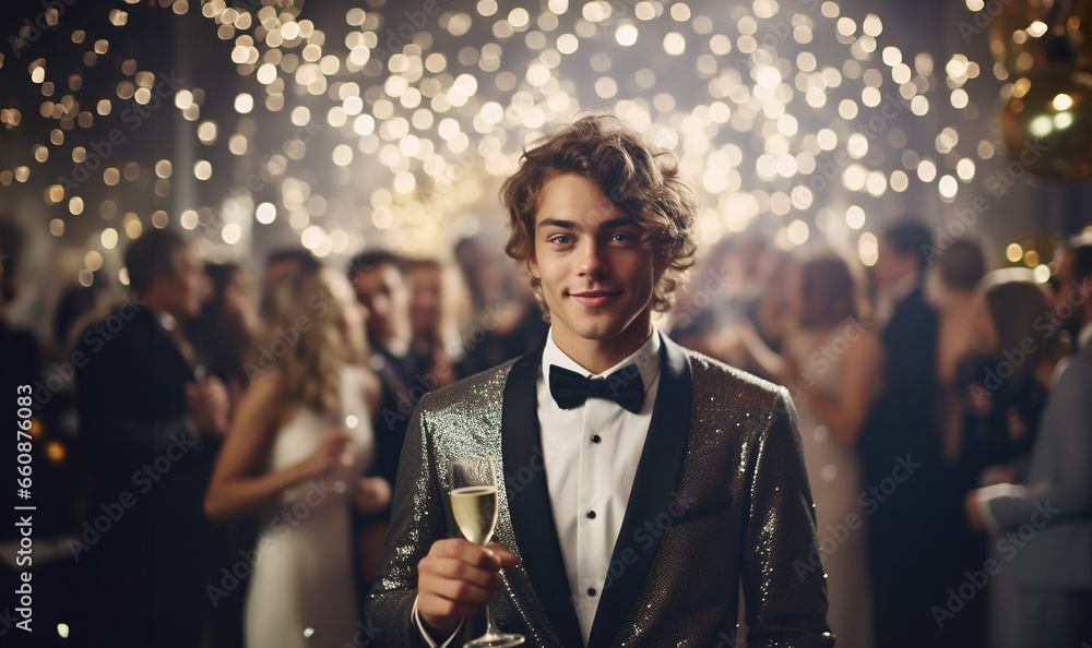 Obraz premium Handsome young male at a New Years party holding champagne. Celebration, people and holidays concept happy man with champagne and wine glasses at christmas or new year party stylish glitter outfit