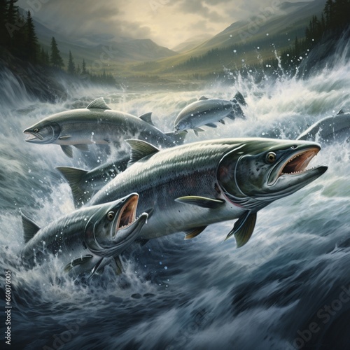 Group of silver salmon in a fast-flowing river photo