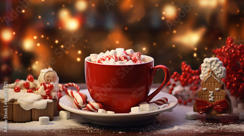 A red cup of hot chocolate and marhsmallow