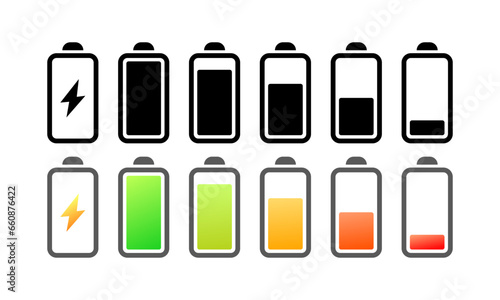 Battery charge icons. Different styles, colors, battery charge, charge icons. Vector icons
