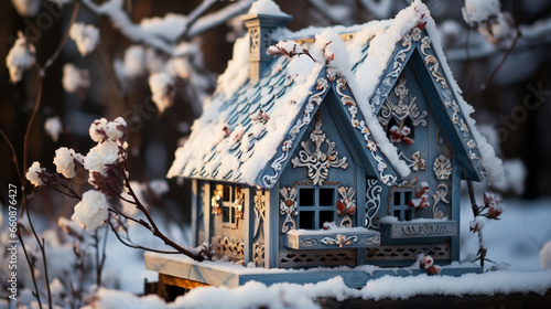 A charming birdhouse adorned with icicles and surrounded by snow-covered branches in a winter garden