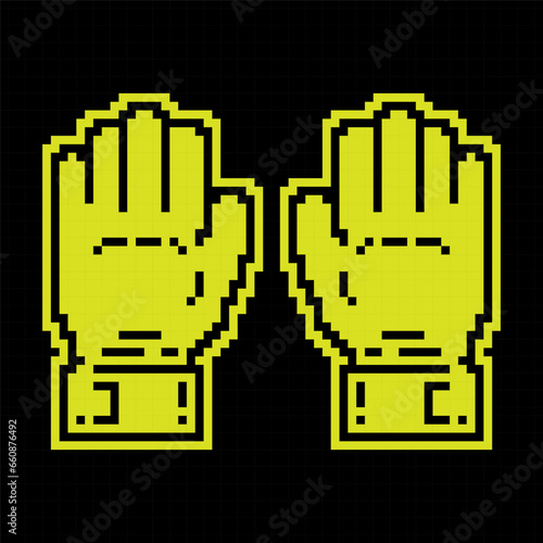 Pair of pixel goalkeeper gloves for playing classic football. Soccer goalie protective gear. Simple black and yellow vector isolated