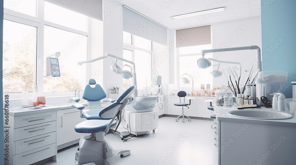 Environment Studio Dentistico. Medical office. Minimalist design. Front and close view. Copy space.Dental room. Generative AI - obrazy, fototapety, plakaty 