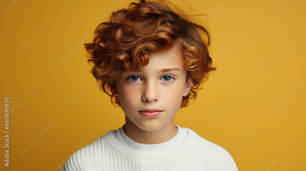 Close up portrait of funny kid boy with red hair and freckles. Boy looking in camera with relaxed and calm face expression Close up portrait of funny kid boy with red hair and freckles. Boy looking in camera with relaxed and calm face expression
