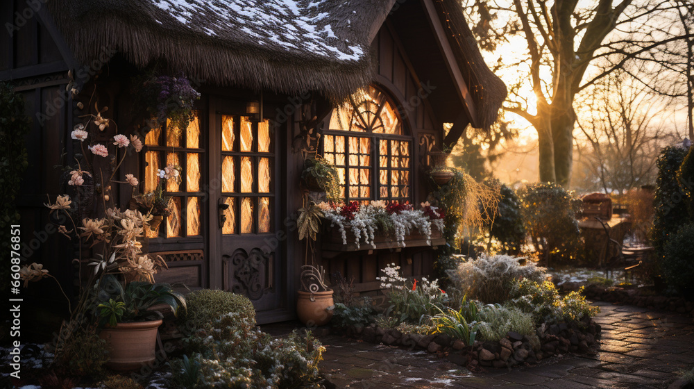 A cozy winter garden shed with a thatched roof, icicles hanging from the eaves, and a warm glow from within A cozy winter garden shed with a thatched roof, icicles hanging from the eaves, and a warm glow from within