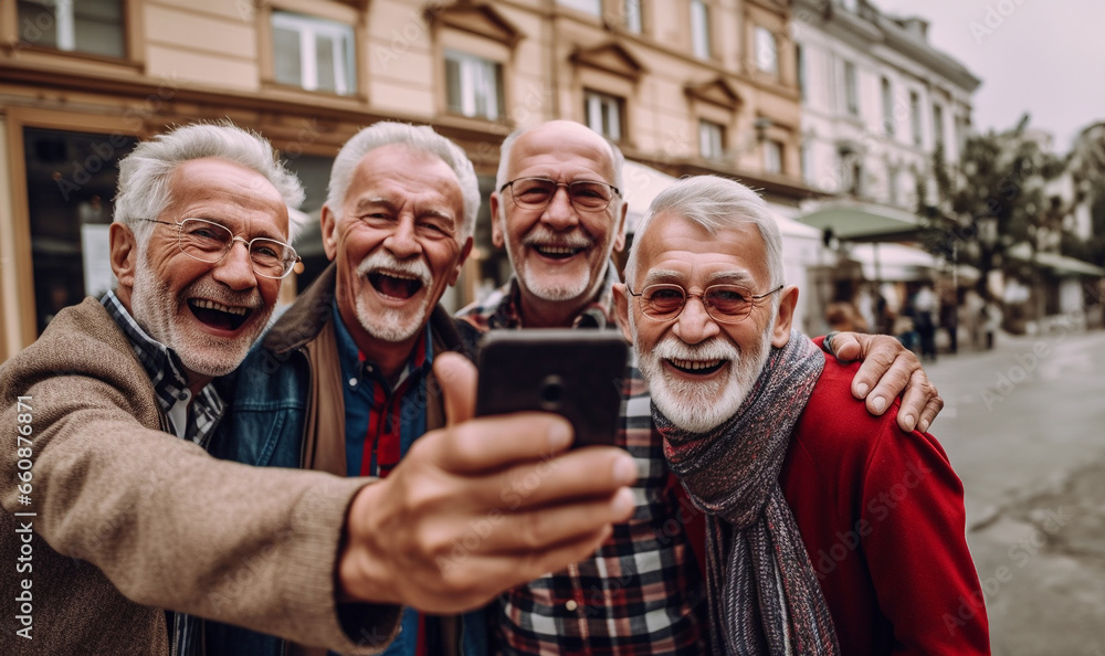 group of people senior adults having fun celebrating together outdoor. taking picture selfie with phone technology smiling and laughing with joy. - obrazy, fototapety, plakaty 