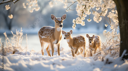 A family of deer wandering through a winter garden's snow-dusted meadow, a picturesque and tranquil sight