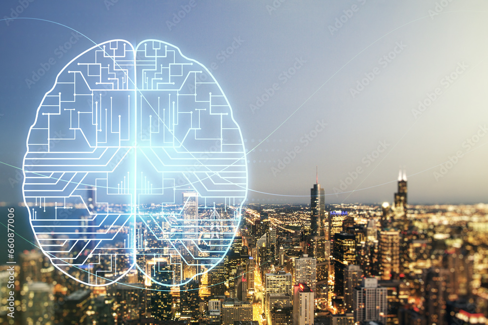 Double exposure of creative human brain microcircuit hologram on Chicago office buildings background. Future technology and AI concept Double exposure of creative human brain microcircuit hologram on Chicago office buildings background. Future technology and AI concept