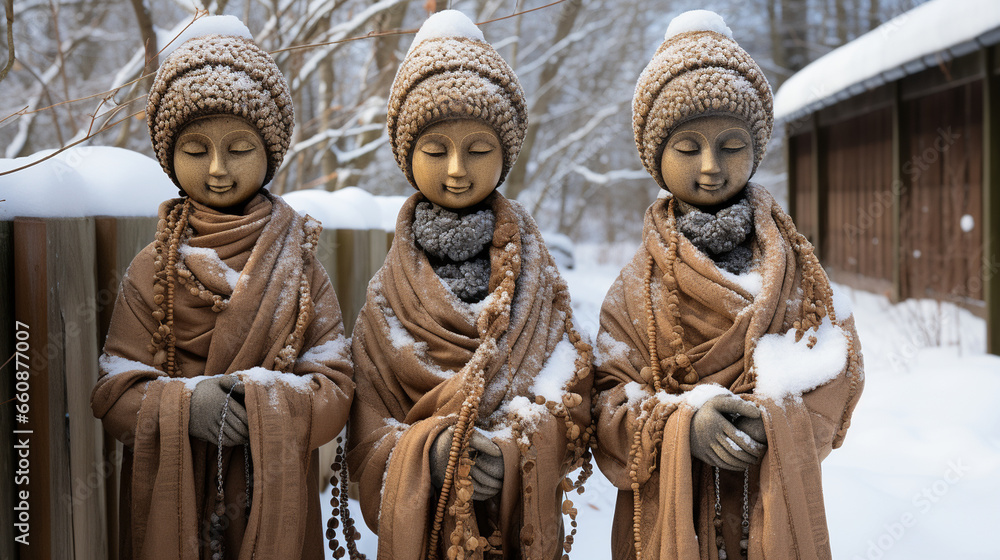 A garden's stone statues dressed in winter scarves and hats, adding a whimsical touch to the snowy landscape A garden's stone statues dressed in winter scarves and hats, adding a whimsical touch to the snowy landscape