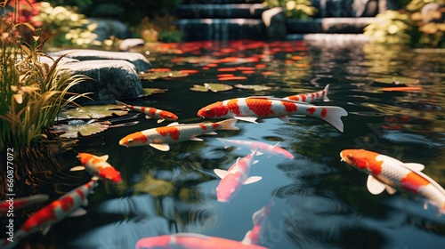 Colorful decorative fish, koi fish float in an artificial pond, view from above photo