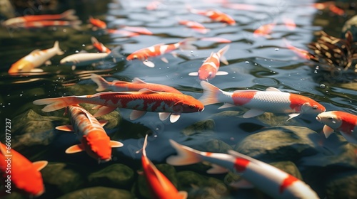 Colorful decorative fish, koi fish float in an artificial pond, view from above
