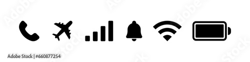 Different indicators on the phone. Silhouette, black, icon of handset, airplane, communication, notifications, Wi-Fi, battery charge, various phone indicators. Vector icons