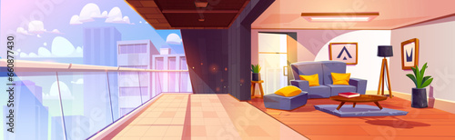 Home balcony and living room interior vector background. Flat open terrace in building. Cozy sofa in studio hotel apartment with outdoor lounge cartoon concept. Morning in city condo panoramic design
