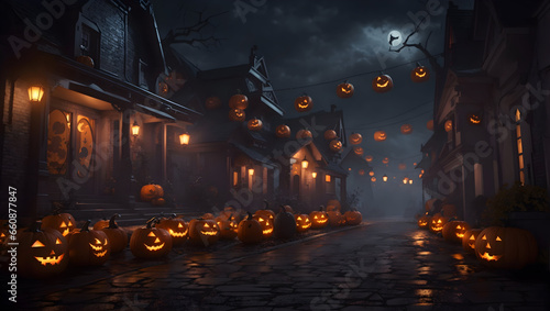 Halloween and horror street with pumpkins , halloween pumpkins in the night