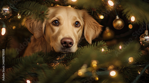 golden retriever picking out of a christmas tree