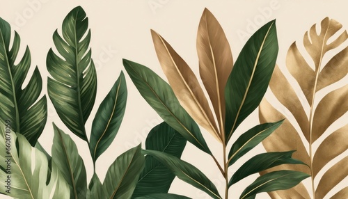 Vintage tropical green brown leaves, beige background, golden texture. Luxury mural, premium wallpaper. 3d painting illustration, watercolor design. Seamless border. Stylish cloth, paper,Generative AI photo