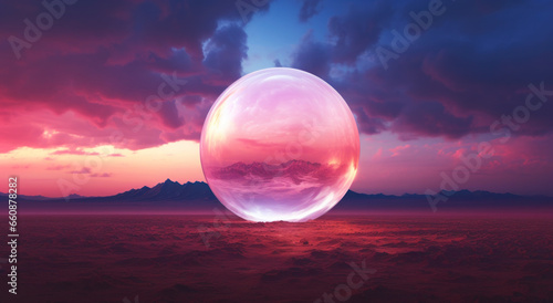 Fototapeta Naklejka Na Ścianę i Meble -  Abstract landscape with large transparent circular sphere  in the desert refracting the view behind it
