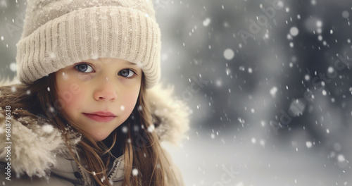Magical fairy tale winter landscape with snow fall. Outdoor close up photo of young beautiful happy smiling girl walking on street. Wearing stylish white knitted winter hat and gloves. Copy, empty 