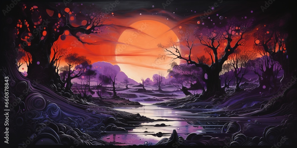 Obraz premium Generative AI, orange and purple vintage retro landscape, abstract graffiti street art, painting of fantasy landscape 