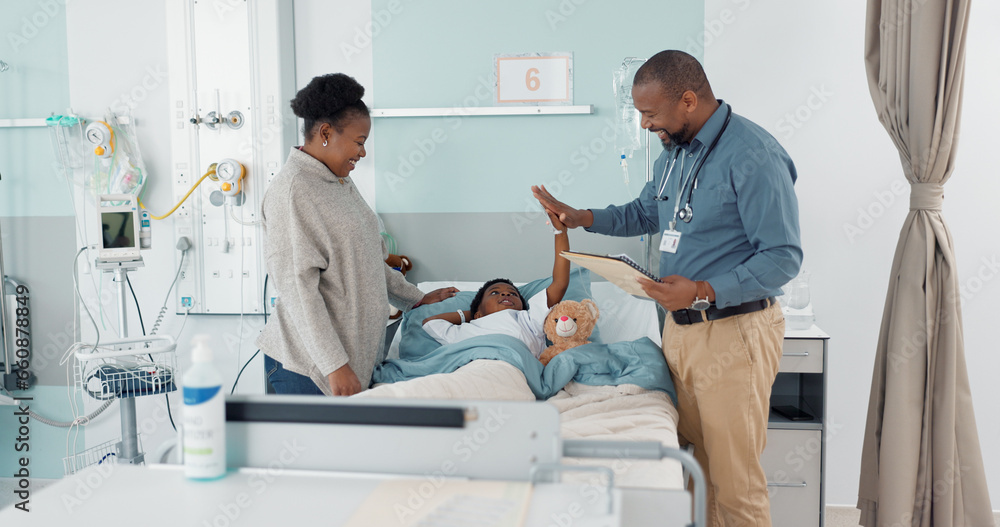 Doctor, high five and child in hospital, bed or healing in clinic with results or celebration in surgery rehabilitation. Happy, kid and surgeon support patient, mother and success in healthcare Doctor, high five and child in hospital, bed or healing in clinic with results or celebration in surgery rehabilitation. Happy, kid and surgeon support patient, mother and success in healthcare