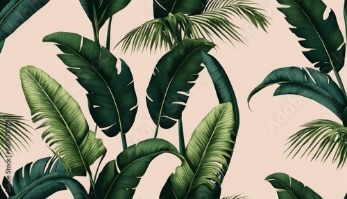 Tropical seamless pattern with beautiful palm, banana leaves. Hand-drawn vintage 3D illustration. Glamorous exotic abstract background design.for luxury wallpapers, cloth,fabric printing,Generative AI
