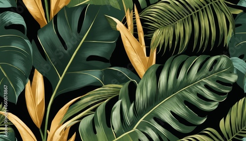 Tropical seamless pattern with beautiful palm, banana leaves. Hand-drawn vintage 3D illustration. Glamorous exotic abstract background design.for luxury wallpapers, cloth,fabric printing,Generative AI photo