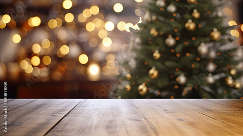 wooden table and blurred Christmas decorated tree and lights 