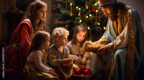 Jesus giving gift to child at Christmas  love concept