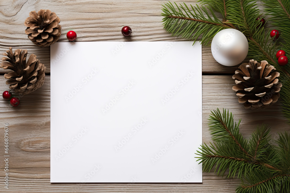 Obraz premium christmas card with fir branches and cones, card mockup, copy space 