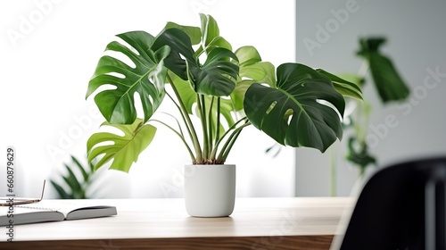 Beautiful monstera flower in a white pot stands on a wooden table on a white background. The concept of minimalism.