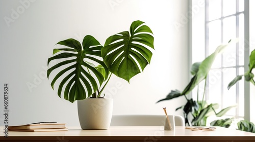 Beautiful monstera flower in a white pot stands on a wooden table on a white background. The concept of minimalism.