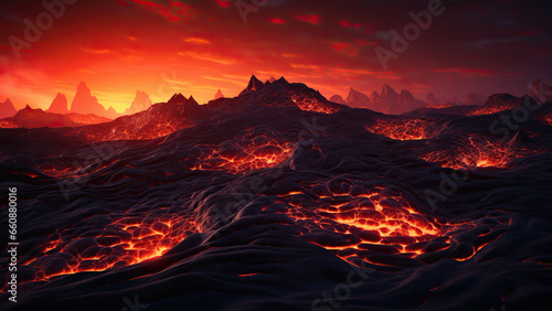 Illustration of a surface with lava at night.