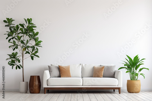 Salon moderne avec canapé et plante sur fond blanc. IA générative, IA © MiniMaxi