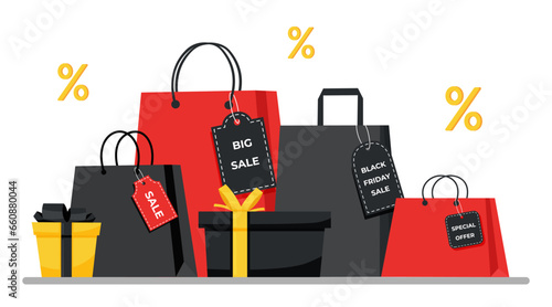 Shopping bags and gift boxes on white background. Black Friday concept. Sale concept. Shopping concept.	

