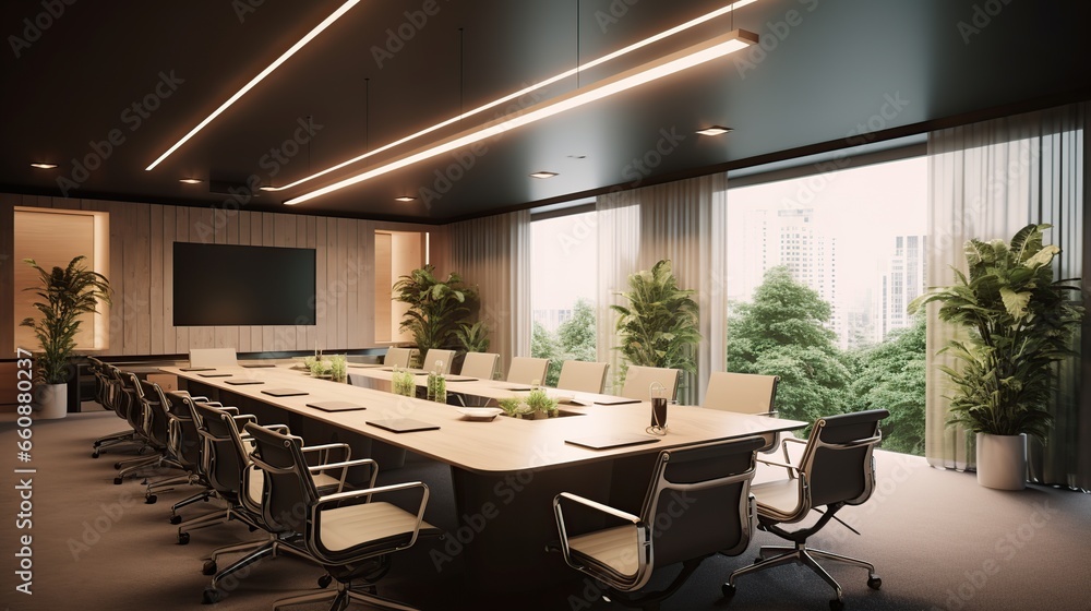 Meeting room, a company office with big table and projector with minimalist interior
