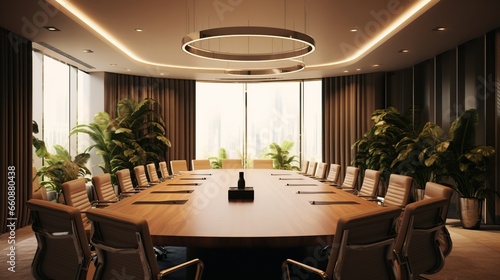 Meeting room, a company office with big table and projector with minimalist interior