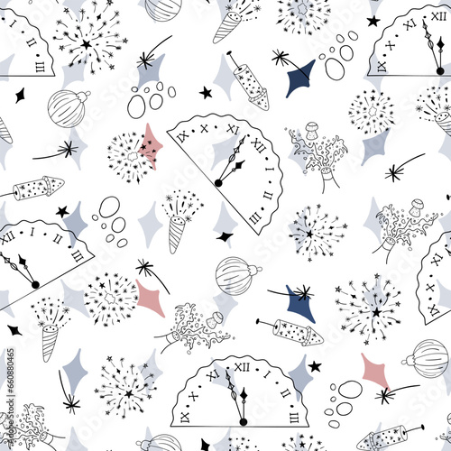 Seamless pattern with New Year s clipart doodles. Hand drawn New Year s chimes, champagne bottleneck with foamy splashes and a flying cork, fireworks, firecracker, Christmas tree toy