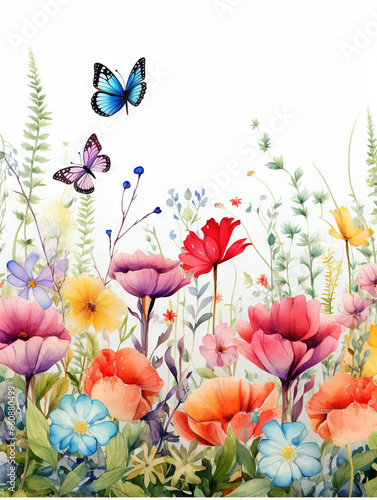 Bordure horizontale sans couture avec fleurs abstraites, feuilles et plantes vertes, papillons volants. Illustration panoramique de prairie d’été. IA générative, IA © Merilno