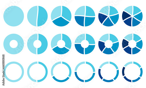 Pie chart with 1, 2, 3, 4, 5, 6 sections, parts or segments. Circle graph, round diagram. Infographic wheel design. Process concept. Vector illustration.